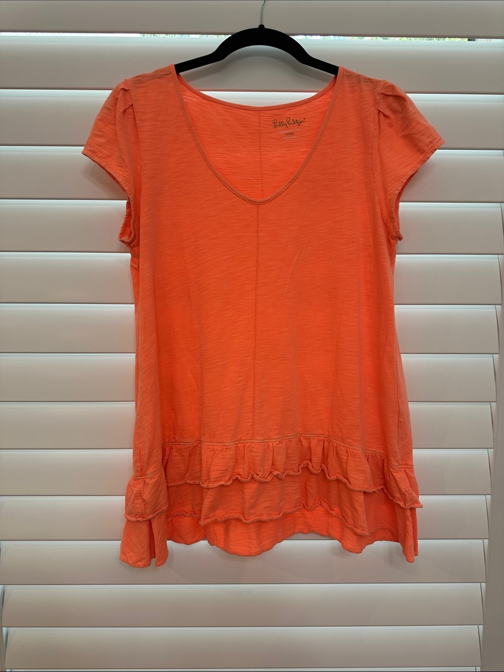 Lilla P Bright Orange Short Sleeve V-Neck Top with Ruffle Hem